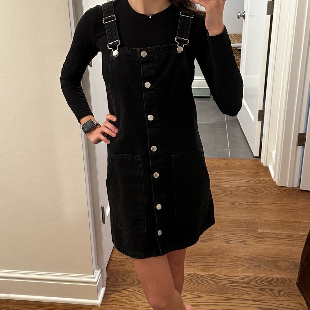 Zara Black Denim Overall Dress sz XS